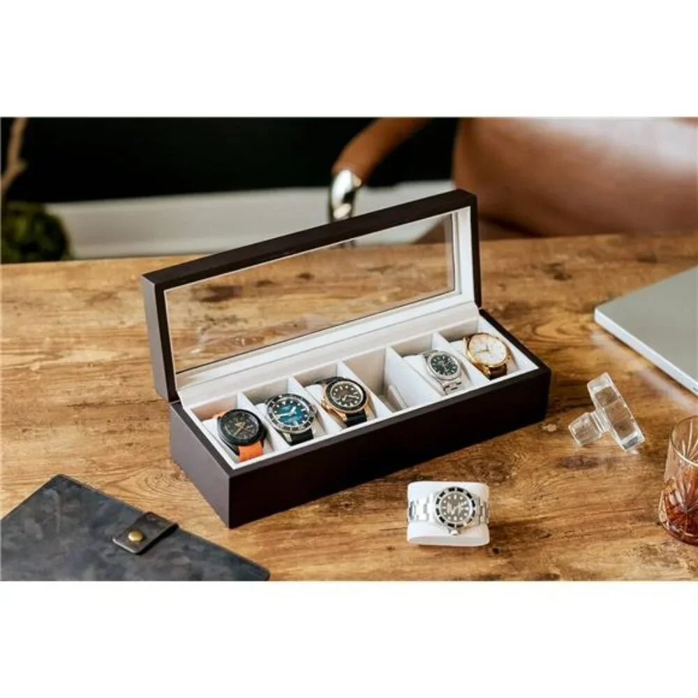 Wood Watch Box Organizer Glass Top Display Case for Men Women 6 Slot Storage